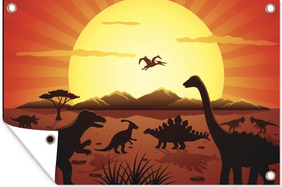 Posters de jardin extérieur Dino - Soleil - Nature - Dessin - Enfants - Garçons - 90x60 cm - Toile jardin - Affiche extérieure