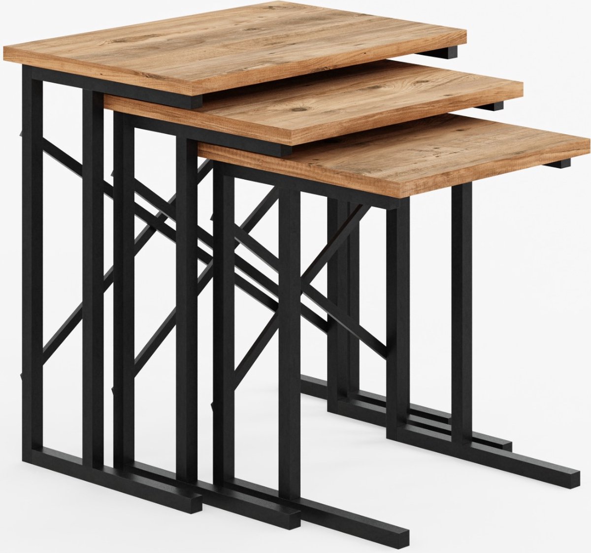 FurniChic - Salontafel Set van 3 - PINE (Atlantische Grenen) - Industrieel Design - Vierkante Bijzettafels - 35x53x54 cm