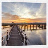 Muursticker - Houten Brug over het Water bij Ondergaande Zon - 80x80 cm Foto op Muursticker