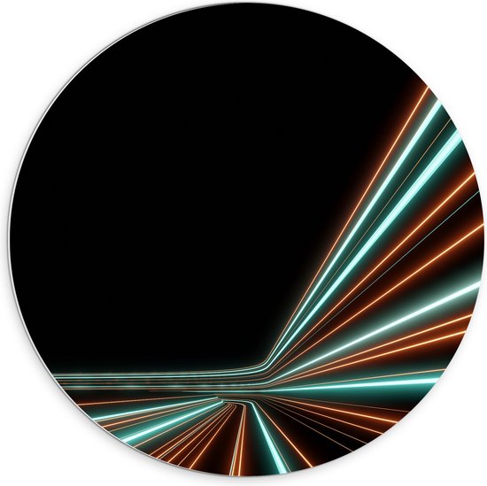 PVC Schuimplaat Muurcirkel - Groene en Oranje Kleurige Neon Strepen op Zwartkleurige Achtergrond - 70x70 cm Foto op Muurcirkel (met ophangsysteem)