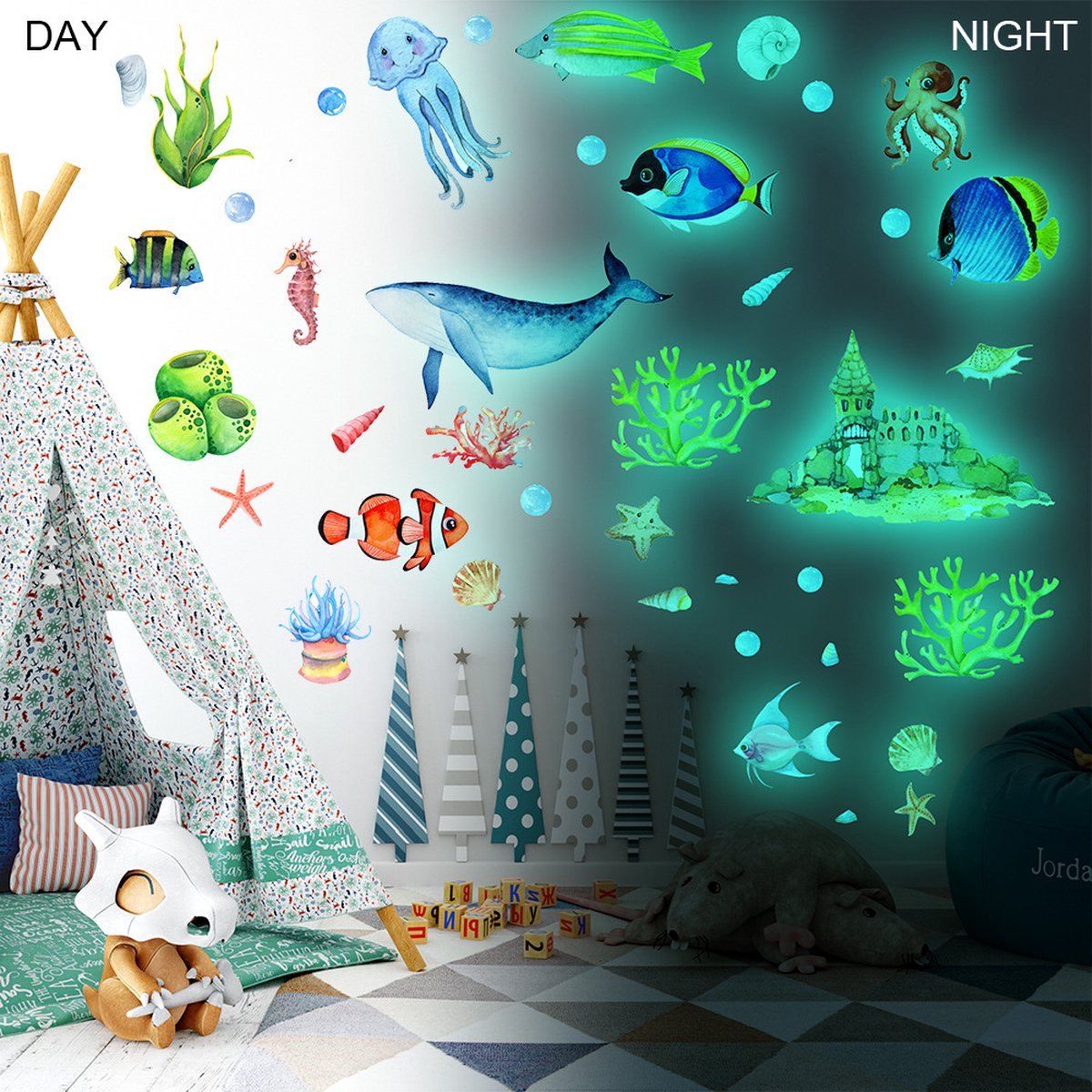 Glow in the Dark Onderwaterwereld / Walvis / Kwallen / Zeepaardjes / Koraal Sticker Kinderkamer Zelfklevende Cartoon Muursticker