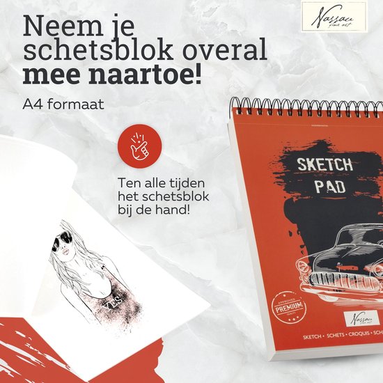 Promotie van een rood schetsboek met een klassieke auto en de tekst 'Sketch Pad'.
