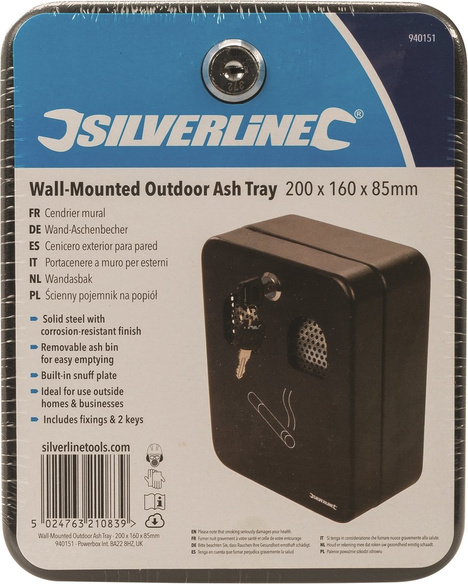 Cendrier Mural Silverline En Acier Anti-Corrosion 200x160x85mm - Verrouillable Avec Clé