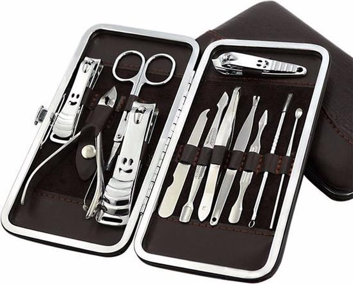 Goedkoopste Manicure & Pedicure Set - Uitgebreide 12-Delige RVS Nagel Gezicht Verzorging Set - Reisset Met Nagelknippers - Nageletui Manicureset Pedicureset Nagel Verzorging Nagelriem Trimmer Bokkenpoot & Nagelschaar - Met Lederen Etui