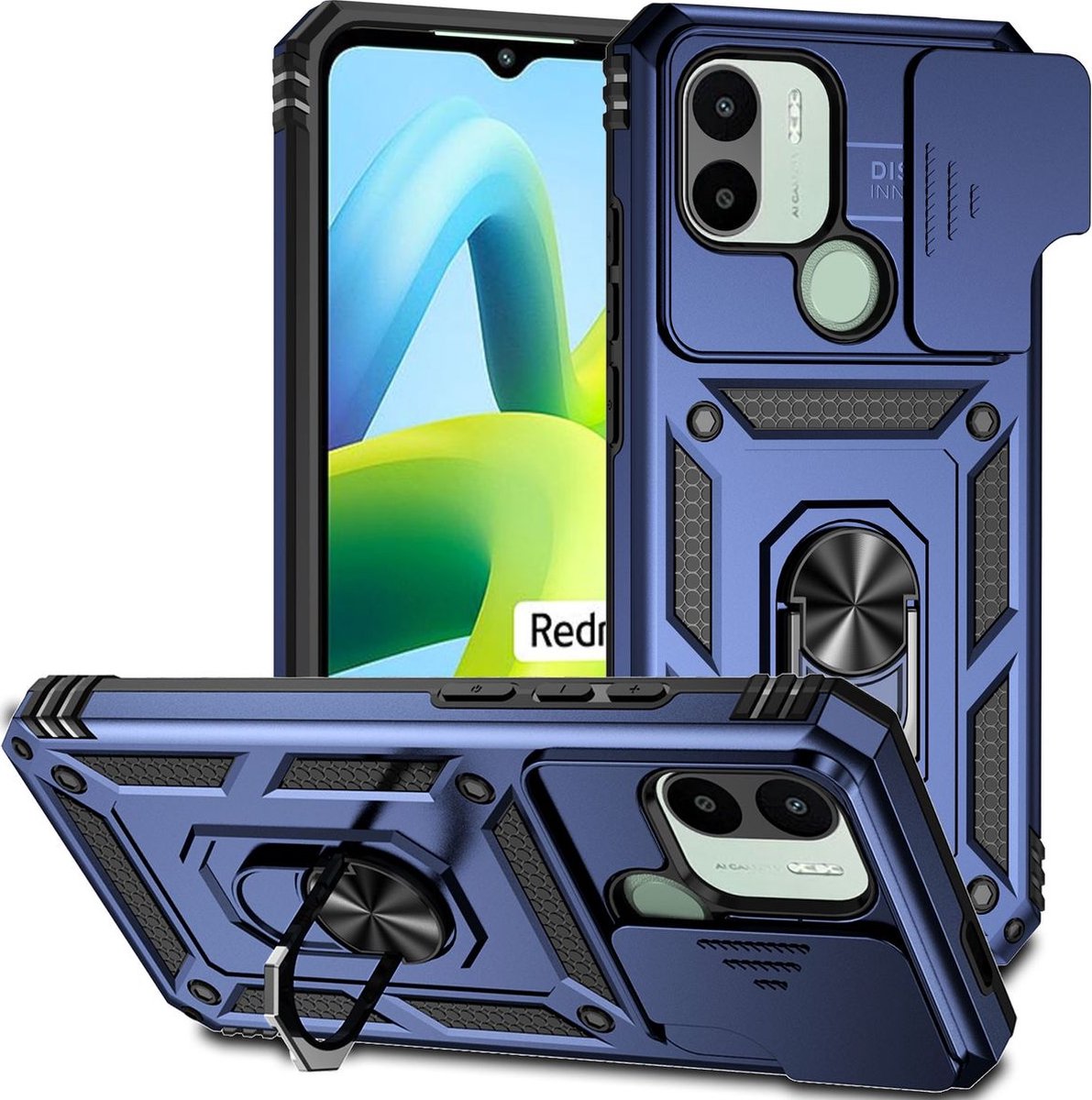Mobigear Hoesje geschikt voor Xiaomi Redmi A1 4G Telefoonhoesje Hardcase | Mobigear Armor Ring Cam Slide Backcover Shockproof met Ringhouder en Camera Slider | Schokbestendig Redmi A1 4G Telefoonhoesje | Anti Shock Proof - Blauw