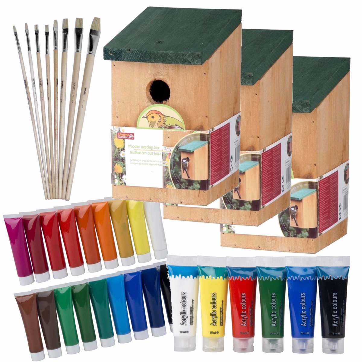 8x stuks vogelhuisjes/nestkastjes 22 cm - Zelf schilderen pakket - verf/kwasten - Kinder feestje/verjaardag activiteiten