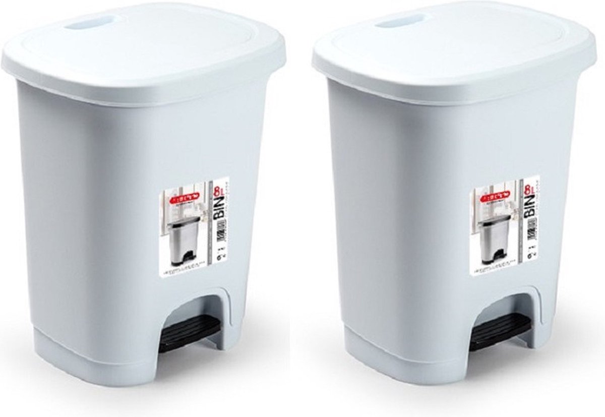 Goedkoopste PlasticForte Pedaalemmer - 2x stuks - 8 liter - wit - kunststof - 25 x 21 x 30 cm - prullenbak
