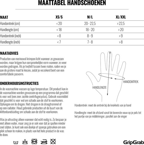 Maattabel en onderhoudsinstructies voor GripGrab handschoenen.