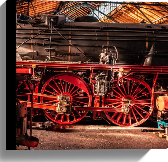 WallClassics - Canvas - Zwarte Trein met rode Wielen - 30x30 cm Foto op Canvas Schilderij (Wanddecoratie op Canvas)