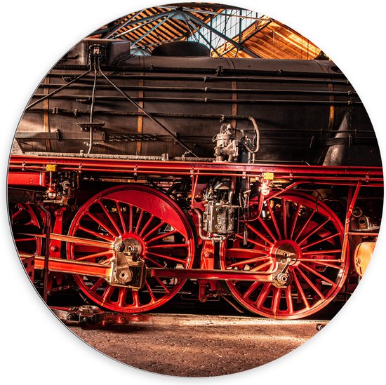 WallClassics - Dibond Muurcirkel - Zwarte Trein met rode Wielen - 100x100 cm Foto op Aluminium Muurcirkel (met ophangsysteem)