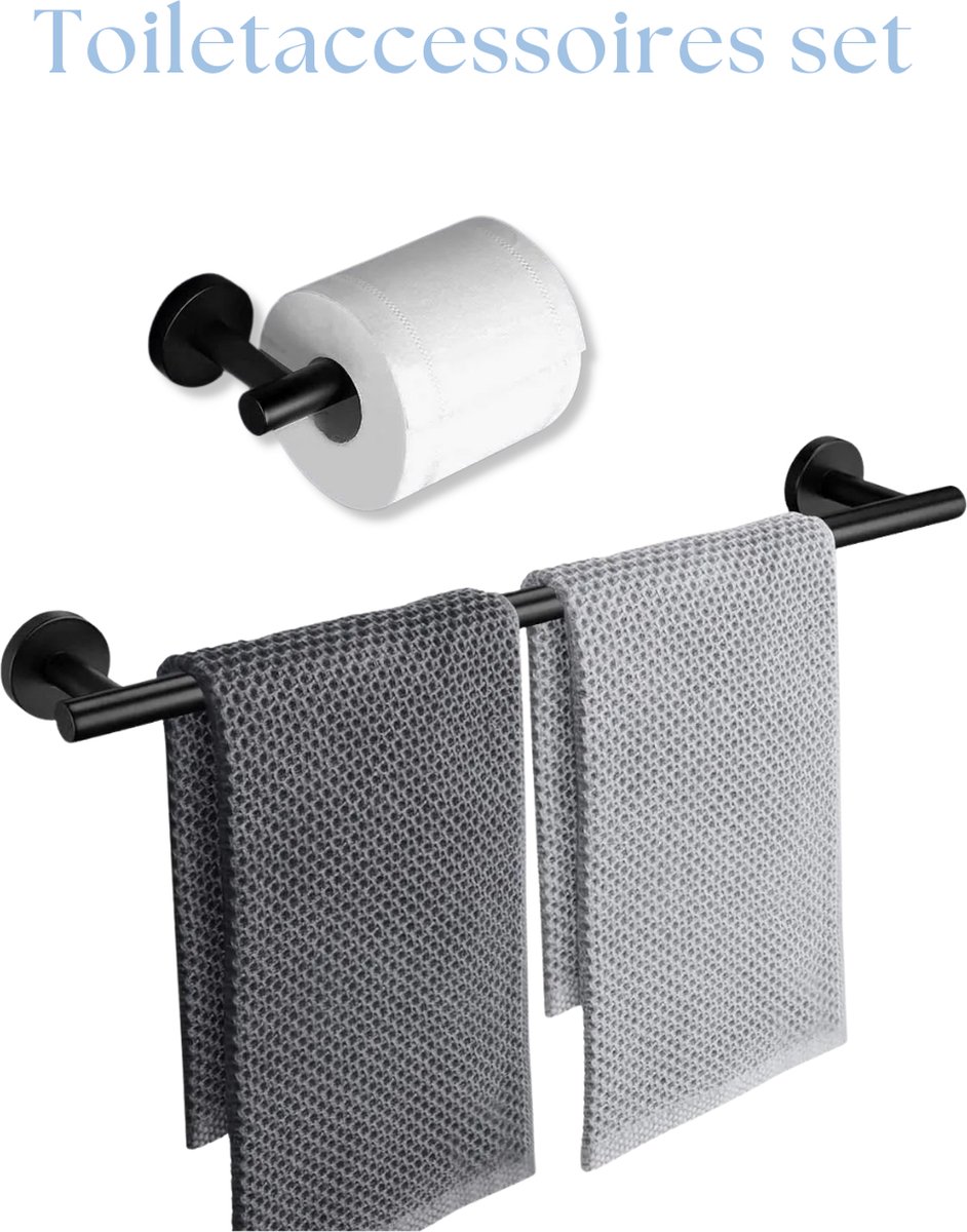 Homeson Handdoekrek Zwart - Handdoekhouder - Handdoekstang - Set Zwart 2-delig - Inclusief WC-rolhouder