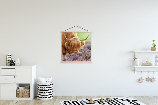 Porte-affiche avec affiche - Affiche scolaire - Highlander écossais - Violet - Fleurs - 90x90 cm - lattes vierges