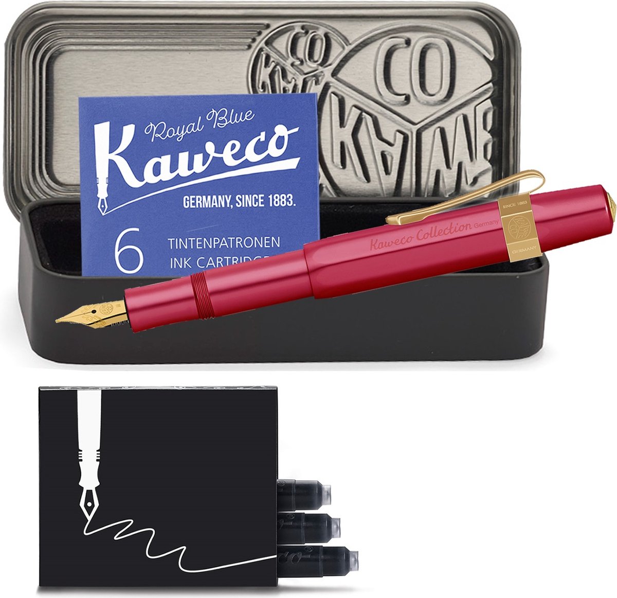 Kaweco - Cadeauset - 4delig - Kaweco AL Sport COLLECTION Fountain Pen RUBY RED Vulpen Medium - Nostalgic Octagonal Clip Gold Plated - Zwart Vintage blikje - Doosje Royal Blue - Doosje zwarte Vullingen