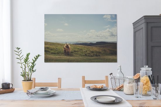 Peinture sur toile Highlanders écossais - Herbe - Nuages ​​- Animaux - 140x90 cm - Décoration murale