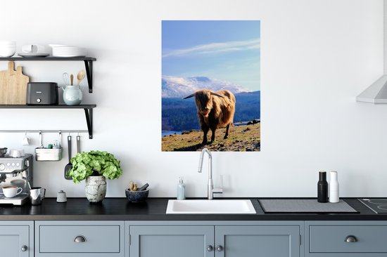 Highlander écossais avec une vue montagneuse Poster 60x80 cm - Tirage photo sur Poster (décoration murale salon / chambre) / Poster Animaux sauvages