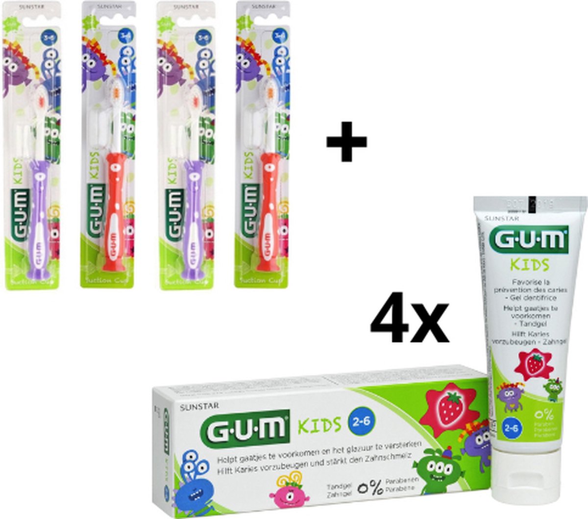 Goedkoopste GUM Kids 2 jaar Voordeelpakket - 4x Tandpasta 50 ml 4x Tandenborstel (roze/paars