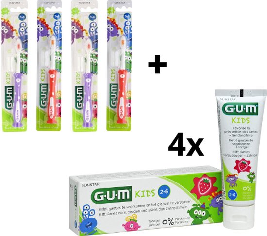 GUM Kids 3-6 jaar Voordeelpakket - 4x Tandpasta 50 ml + 4x Tandenborstel (rood/paars)