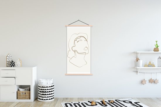 Posterhanger incl. Poster 90x180 cm - Schoolplaat - Vrouwen - Line art - Minimalisme - Textielposter - Blanke latten