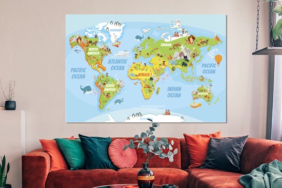 Décoration murale Métal - Peinture Aluminium - Wereldkaart - Enfants - Animaux - 150x100 cm