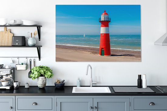 Canvas schilderij 140x90 cm - Wanddecoratie Rood met witte vuurtoren op het strand van Westkapelle in Zeeland, Nederland - Muurdecoratie woonkamer - Slaapkamer decoratie - Kamer accessoires - Schilderijen