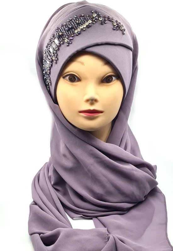 Instant Hoofddoek, Paarse Hijab, sjaal, een elegante hoofddoek met stenen.