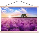 Posterhanger incl. Poster 90x60 cm - Schoolplaat - Lavendel - Boom - Zonsondergang - Paars - Textielposter - Blanke latten