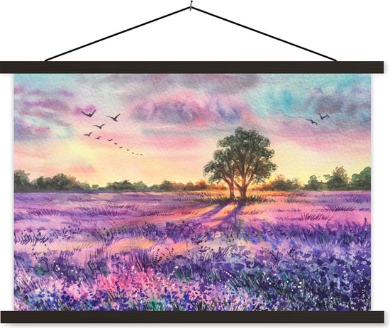 Affiche suspendue incl. Affiche 90x60 cm - Affiche scolaire - Lavande - Peinture - Oiseaux - Arbres - Violet - Affiche textile - Lattes noires