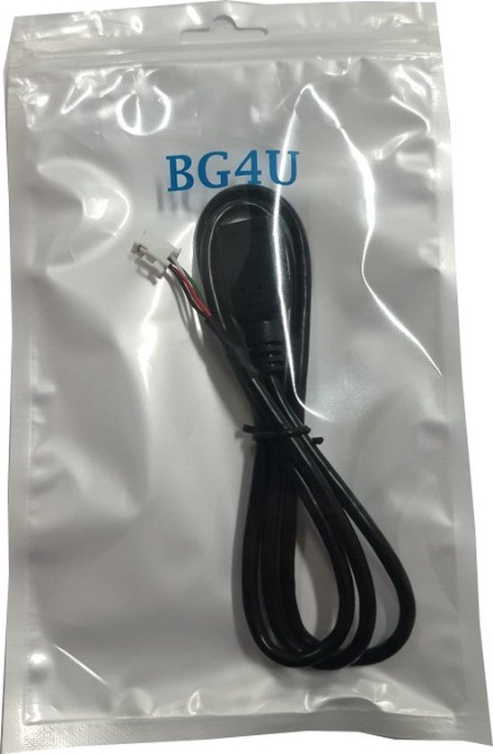 Câble noir avec un connecteur USB et un connecteur blanc à 4 broches, emballé dans un sac en plastique transparent avec le logo BG4U.