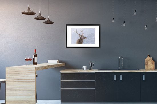 Photo en cadre - Cerf en cadre photo hiver noir avec passe-partout blanc 40x60 60x40 cm - Affiche sous cadre (Décoration murale salon / chambre)