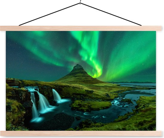 Posterhanger incl. Poster - Schoolplaat - Noorderlicht - Waterval - Berg - IJsland - 150x100 cm - Blanke latten