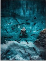 WallClassics - Poster Glossy - Statue dans l' Water avec Pêche - 30x40 cm Photo sur Papier Poster avec Finition Brillante