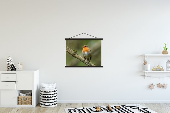 Posterhanger incl. Poster 60x45 cm - Schoolplaat - Vogel - Roodborstje - Tak - Planten - Textielposter - Zwarte latten