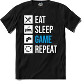 Eat , Sleep , Game And Repeat | Gamen - Hobby - Controller - T-Shirt - Unisex - Zwart - Maat L