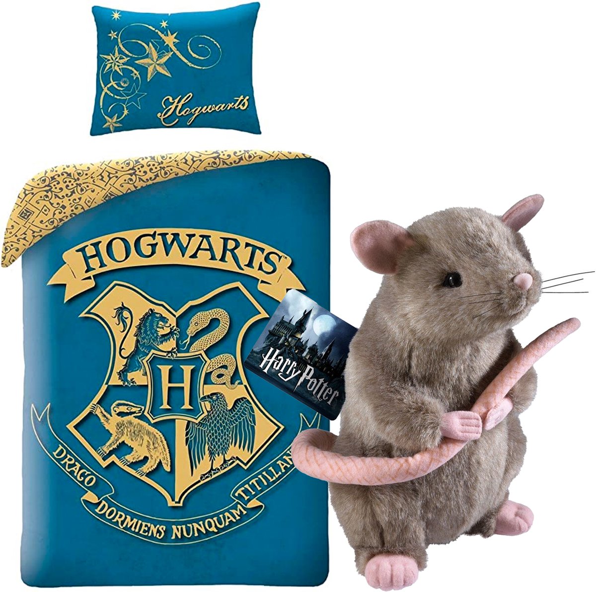 Dekbedovertrek Harry Potter- Katoen- 1persoons- 140x200- Dekbed Hogwarts Logo -Petrol-blauw incl. Pluche rat 