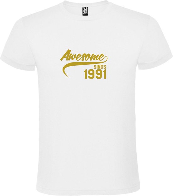 Wit T-Shirt met “Awesome sinds 1991 “ Afbeelding Goud Size XS