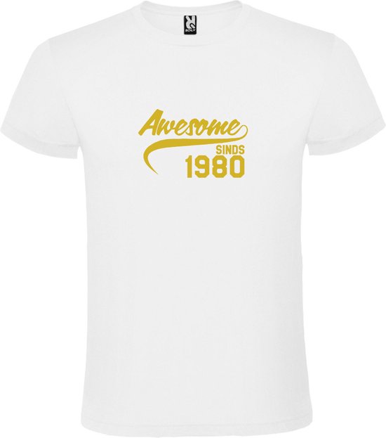 Wit T-Shirt met “Awesome sinds 1980 “ Afbeelding Goud Size XXL
