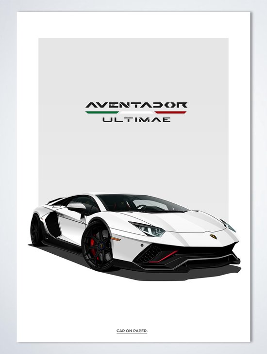 Lamborghini Aventador Ultimae Wit Poster - Autoposter 70 x 50 cm | Kinderkamer | Slaapkamer | Kantoor