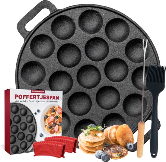 MM Brands Poffertjespan - Poffertjesmaker - Inductie / Oven / BBQ - Inclusief Handvat, Borstel en Vorken