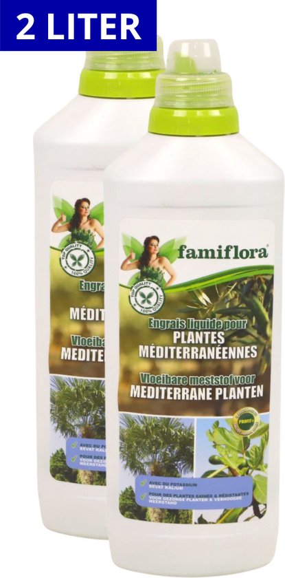 Famiflora vloeibare meststof voor mediterrane planten 2L (2 x 1L) - Voordeelverpakking meststof voor olijvenbomen, palmboom, citrus, vijg