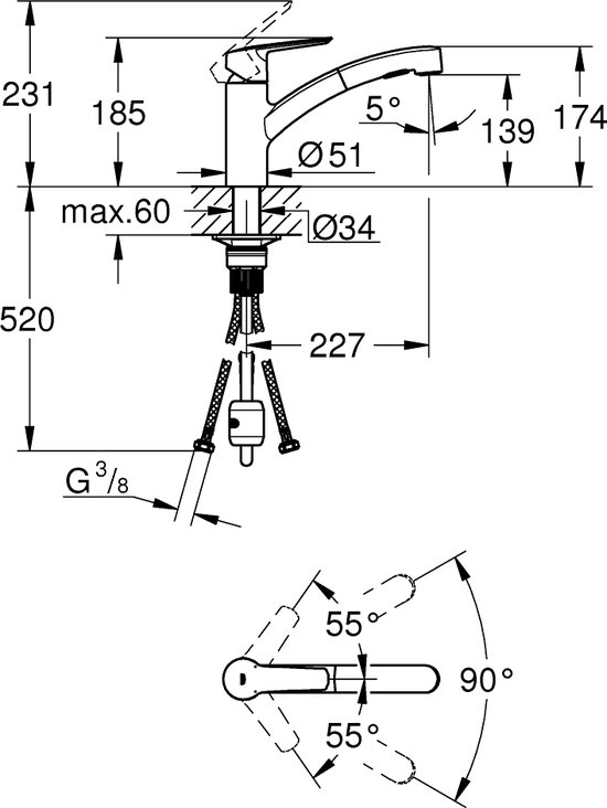 Technische tekening van een keukenmengkraan met afmetingen en specificaties.