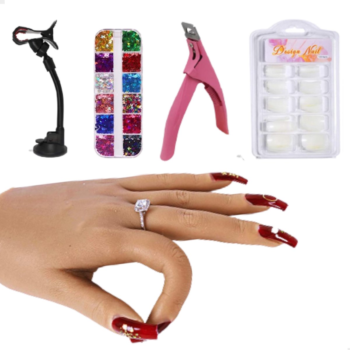 Quevo - Oefenhand voor nagels - Nailtrainer - 100 nageltips - Nagelstickers - Nagelknipper