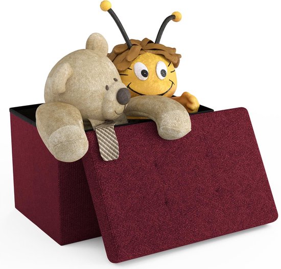 Intirilife Opvouwbare bank 49x30x30 cm in kersenrood - Zitkubus met deksel en opbergruimte van stof met holtes - Zitkubus voetensteun opvouwbare opbergdoos kist zitkruk