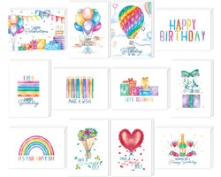 Fissaly 48 Stuks Wenskaarten & Verjaardagskaarten Set met Enveloppen - Verjaardag Kaarten Box – Felicitatiekaarten & Ansichtkaarten Kinderen & Volwassenen