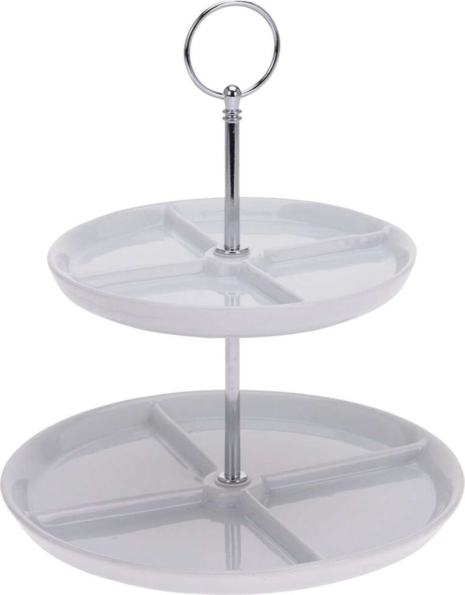 Excellent Houseware etagere met 2 lagen - wit - porselein - H24 cm