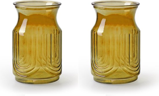 Jodeco Bloemenvazen - 2x stuks - amber geel/transparant glas - H20 x D12.5 cm