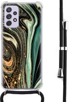 Hoesje met koord geschikt voor Samsung Galaxy A52 5G - Magic marble - Inclusief zwart koord - Crossbody beschermhoes - Transparant, Groen - Mooie Telefoonhoesjes