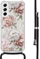 Hoesje met koord geschikt voor Samsung Galaxy S21 FE - Klassieke bloemen - Inclusief zwart koord - Crossbody beschermhoes - Transparant, Beige - Mooie Telefoonhoesjes