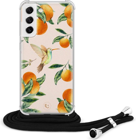 Coque Samsung Galaxy S21 FE avec cordon - Fruits Tropical - Coque en Siliconen avec impression - Résistante aux chocs - Cordon noir inclus - Coque arrière à bandoulière - Transparente, Oranje
