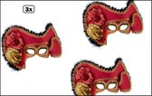 3x Luxe Oogmasker Venetie carnaval rood - Themafeest party optocht thema festival kleur