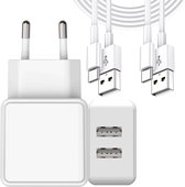 USB-A Adapter met 2 USB Poorten + 2x USB naar USB-C Kabel - 2 Meter - Oplader Smartphone en Tablet - 12W Snellader - Wit